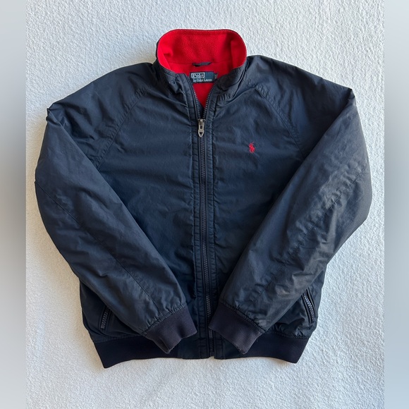 Vintage 90s Polo Ralph Lauren Bomber Jacket Full Zip Fleece‎ lined Navy - Picture 1 of 10